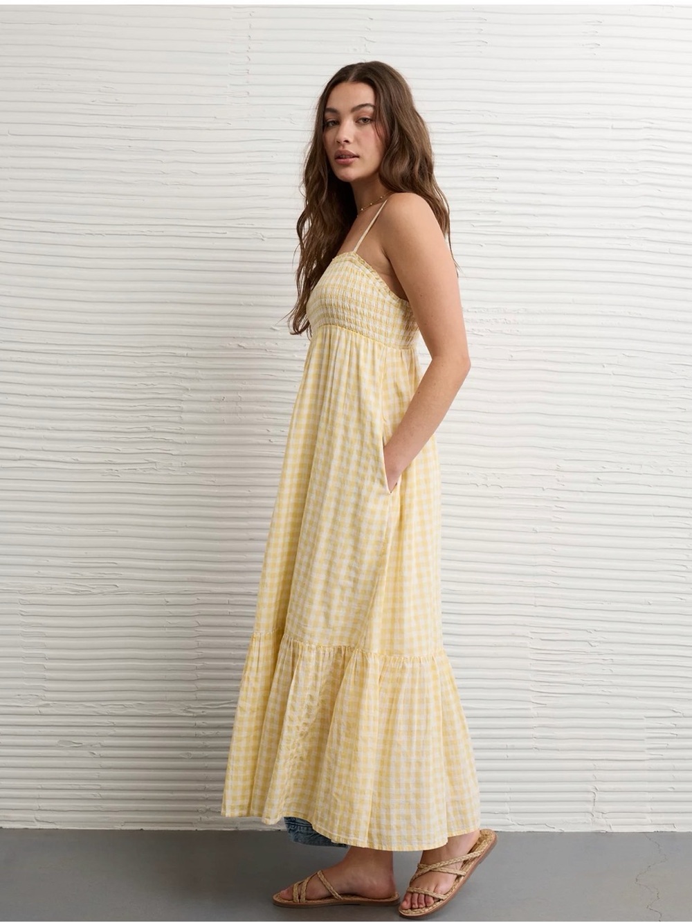 American Eagle Outfitters Yellow Gingham Smocked Midi Dress - Picture 4 of 4